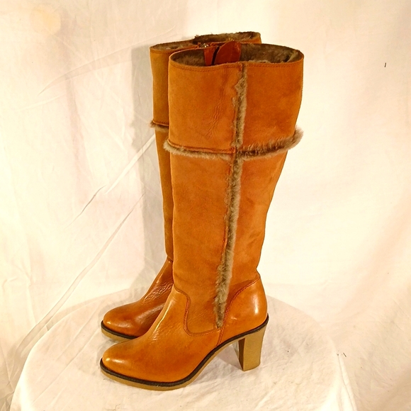 🔥 NWOT Johnson & Murphy Camel Tan Suede & Saddle Leather Fur Boots - Picture 3 of 16